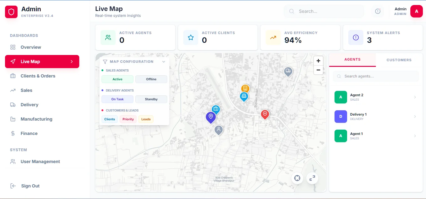 Nexus ERP live map showing real-time sales and delivery agent locations on an interactive map